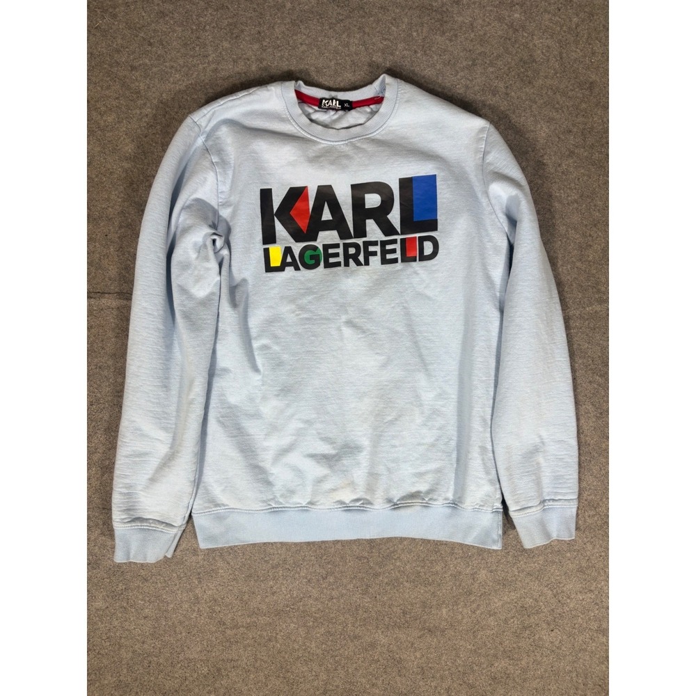 Karl Lagerfeld Mens XL Blue Multi-Color Block‎ Logo Crewneck Sweatshirt Cotton
